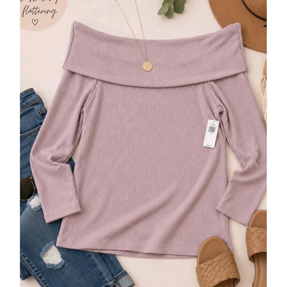 NWT Old Navy Plus 2X Lavender Off Shoulder Ribbed Top Long Sleeve Stretch Knit